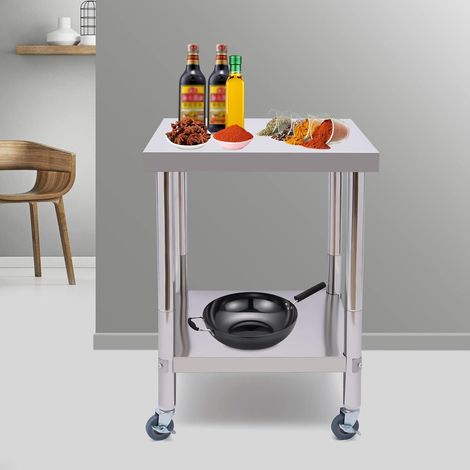 Table de travail de cuisine en acier inoxydable, Chariot de Service Desserte avec roulettes, 60x60cm, 2 Niveaux, convient aux cuisines, hôtels, boulangeries, restaurants de blanch (1/5)
