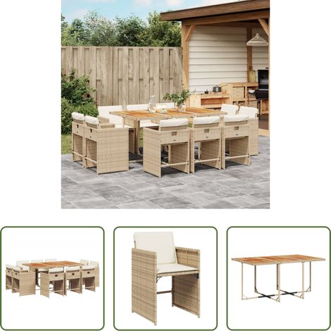 Gartentisch - 11-tlg. Garten-Essgruppe mit Kissen Beige Poly Rattan (1/5)