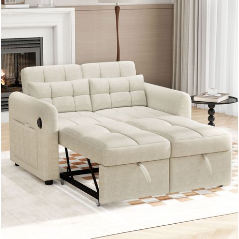 Canapé convertible 142x85x83 cm beige en coton et lin avec dossier réglable, USB et poches latérales (1/5)