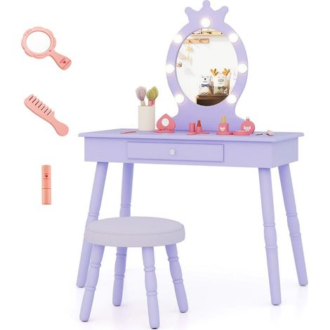 Set da toeletta per bambini 70 x 34 x 99 cm con specchio illuminato regolabile e cassetto portaoggetti stile moderno realizzato in MDF viola 200017291