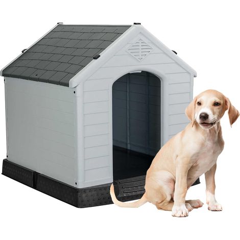 Aqpet Cuccia per Cani in Plastica per Esterno Interno Casa Giardino, Impermeabile con Pavimento Rialzato, per Cani Taglia Media 87 x 78 x 81 H, Grigio (1/5)