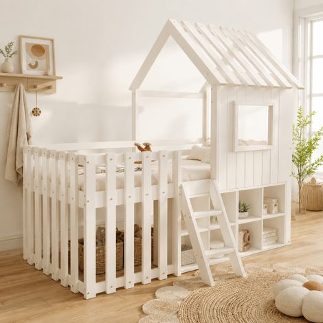Cama infantil tipo casita (204.5x95x201 cm), con almacenamiento inferior, diseño con techo y ventanas, madera maciza blanca (1/5)