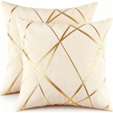 Housses de Coussins Velours Coussin Decoratif Canape 40x40 cm Beige Moderne Taie d'oreiller Lignes Dorées Boheme Vintage Decoration pour Jardin Extérieur Maison Chambre Salon Lot de 2 (1/5)