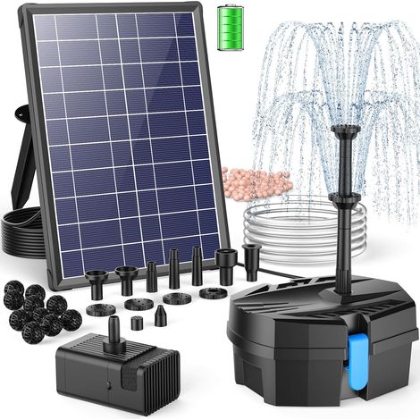 Filtre de bassin solaire avec fontaine à eau, fontaine solaire 8 W avec système de filtration, 8 modes de pulvérisation et batterie de secours de 3600 mAh, pour petits étangs extérieurs (1/5)