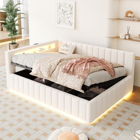 CHICFURN Cama doble con almacenaje 140x200 cm terciopelo beige LED USB, sin colchón (1/5)