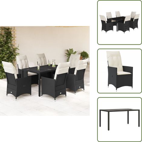 7-tlg. Garten-Essgruppe mit Kissen Schwarz Poly Rattan - Gartensets - Gartenmöbel - Esstisch - Lounge Set - Outdoor Möbel (1/5)