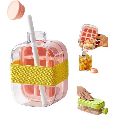 Bouteille à glaçons 2 en 1 avec paille, moule à glaçons portable sans contact, bac à glaçons facile à démouler avec couvercle pour congélateur (1/5)
