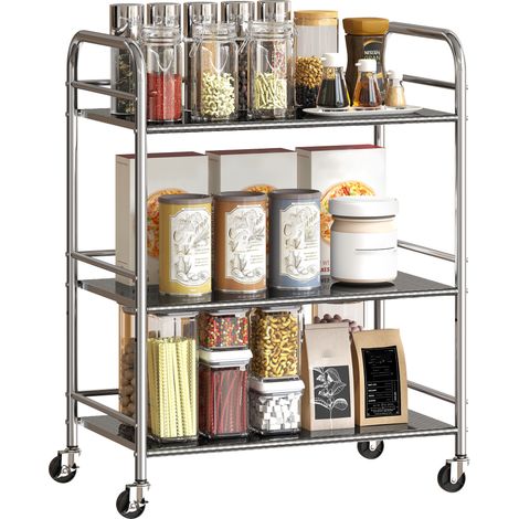 Carrello Multiuso a 4 Livelli con Ripiano Centrale Regolabile e Bordi Rialzati, in Acciaio Inox, 60x35x77 cm