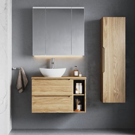 Ensemble meuble simple vasque 80cm 2 niches et colonne Viggo Bois (1/5)