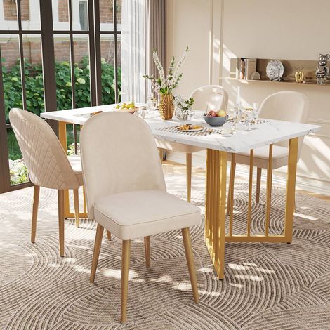 Chaises de salle à manger en velours 4x beige, pieds métalliques dorés, modernes ets, pour salle à manger, salon et bureau (1/5)