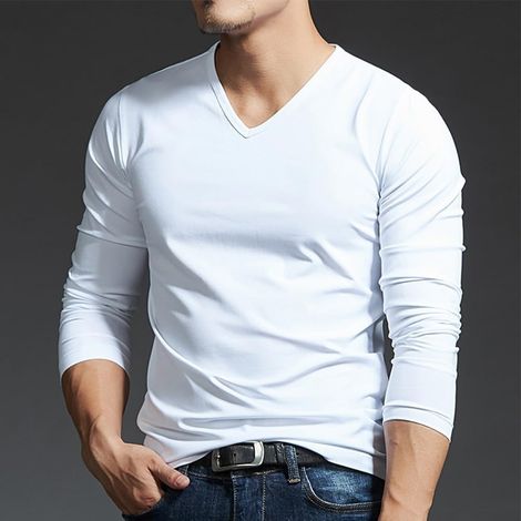 Men's long-sleeved V-neck T-shirt - Slim fit - Solid color - Casual - Sportswear for the gym, spring and autumn - Black (1/5)
