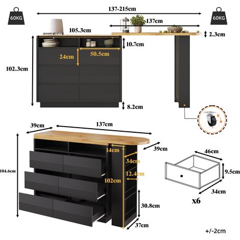 Ausziehbarer Bartisch mit Stauraum(137-215×39×102.3cm) , Moderner Beweglicher Bar Table, Teleskopischer Bartisch mit sechs Schubladen, Stehtisch Bistrotisch Hochtisch Kücheninsel Bistro Table (1/5)