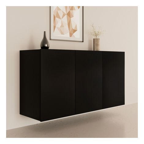 Petits-Meubles – Buffet suspendu 3 portes 160x36x60 cm noir – Hêtre et panneaux de particules – Design minimaliste moderne – Fixations murales incluses (1/5)