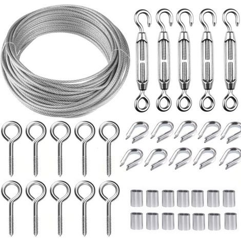 Kit de câble métallique en acier inoxydable de 30 m/2 mm avec tendeur de fil robuste M5, kit de rouleau de fil de clôture, kit de garde-corps de câble, tendeurs de fil de jardin pour plantes grimpante (1/5)