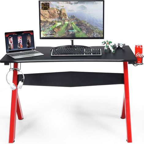 COSTWAY Gamingtisch Computertisch, Schreibtisch mit Tassen- und Kopfhoererhalter und Mauspad, Laptoptisch mit R-foermigem Stahlgestell (1/5)