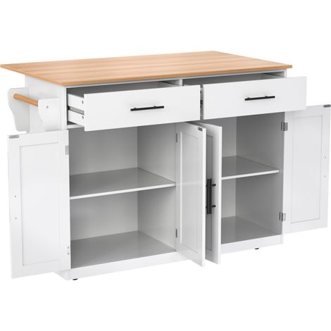 Chariot de cuisine avec plateau rabattable, 120x46(70)x91 cm, blanc avec roulettes et pieds en bois amovibles (1/5)
