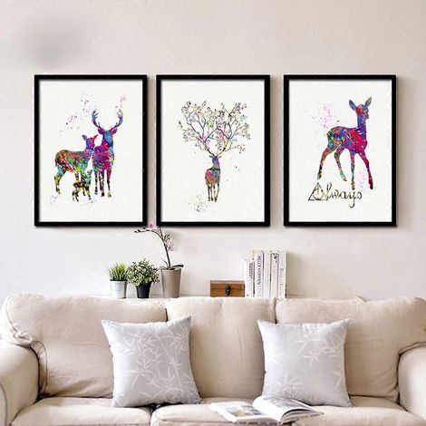 Affiche murale aquarelle représentant un élan, style épuré et tendance, idéale pour le salon, la chambre, le bureau ou la chambre d'enfant (ensemble). (1/5)