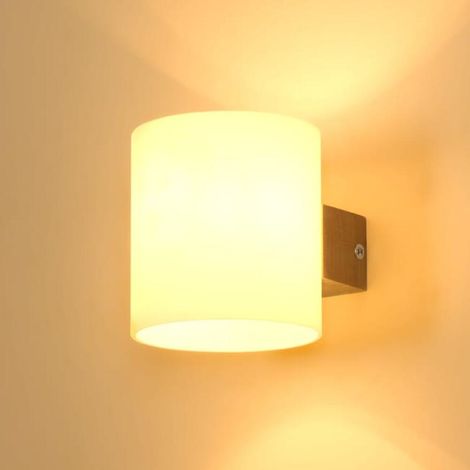 Moderne Wandleuchte aus Holz für den Innenbereich, E27-Fassung, Glasschirm und 12-W-Glühbirne mit drei Farbtemperaturen, ideal fürs Schlafzimmer.