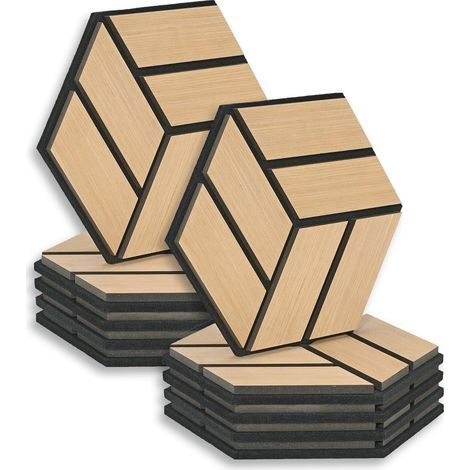 Lot de 10 panneaux acoustiques hexagonaux 30 x 26 x 2 cm Naturel Traitement acoustique Insonorisation Décoration murale (1/5)