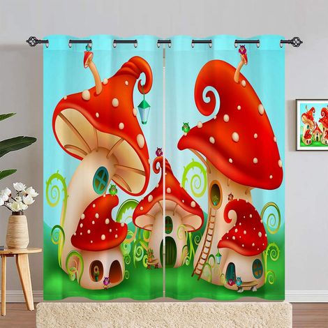 Rideau Occultant Dessin Animé Champignon Chouette Tenture Opaque à Oeillets Draperies Intérieurs Rideau Thermique Isolant pour Maison Chambre Salon Fenetre 2 Pièces L 140 x H 280 cm - 140L X 280H cm ( (1/5)
