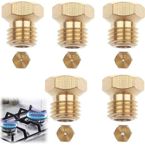 Lot de 5 Gicleurs Gaz Butane Universels, Gicleur Gaz de Ville, Kit de Conversion GPL pour Gazinière à Gaz, Injecteur Gaz Butane et Propane (1x0,5, 2x0,7, 1x0,87, 1x1,02) [Classe énergétique A+++]