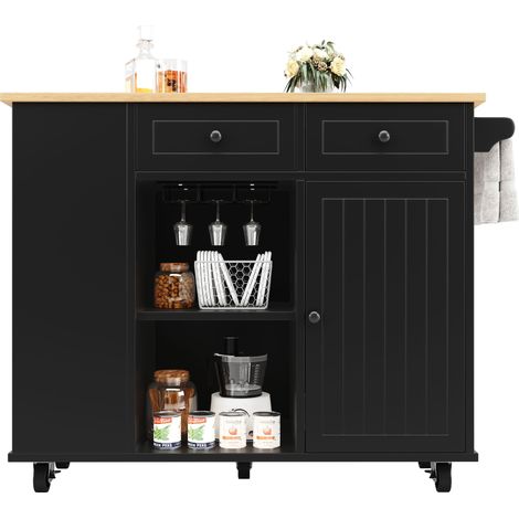Îlot de cuisine avec cloisons amovibles, meuble de cuisine, desserte avec plan de travail effet bois, buffet équipé d’un porte-snacks et d’un porte-verres à vin, noir