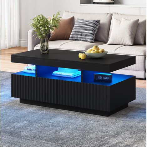 Couchtisch 100x50x45 cm mit 2 Schubladen, LED-Lichtleiste, offener Ablage, Spanplatte, Schwarz (1/5)