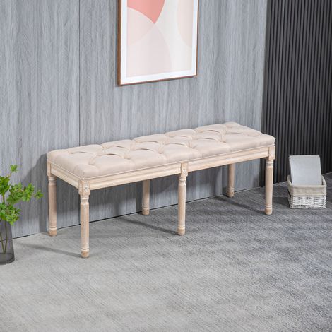 Panca dal design vintage, con bottoni decorativi, gambe tornite, stile shabby chic, crema e bianco