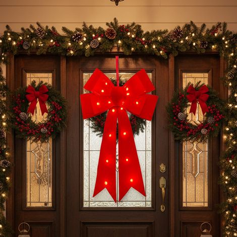 Fiocco natalizio in velluto rosso con LED per decorazioni natalizie da h 60 cm (1/5)
