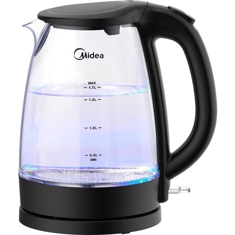 Bouilloire électrique, bouilloire en verre sans BPA, avec indicateur LED bleu, 2200 W à ébullition rapide, filtre amovible, câble collectable, arrêt automatique (1/5)