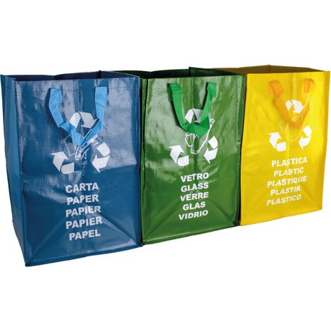 Linxor – Lot de 3 sacs de tri réutilisables pour recyclage – 130 L – Résistants en polypropylène avec couture en croix – Rangement optimisé (1/5)