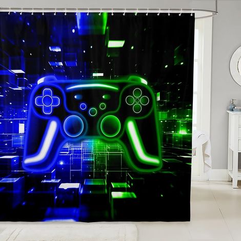 Rideau Douche 180x180cm Jeu, Rideaux de Douche Gamer, Rideau de Baignoire Consoles de Jeux Vidéo À Lumière Néon, Rideaux Salle de Bain Cube de Brique Bleu Vert,Décor de Jeux Vidéo - 180L X 180H cm (1 (1/5)