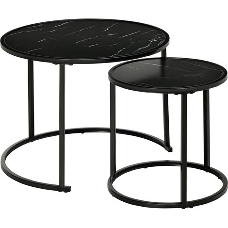 Lot de 2 Tables d'Appoint Rondes Gigognes Plateau Effet Marbre Ø60x46 cm et Ø40x40 cm Noir (1/5)