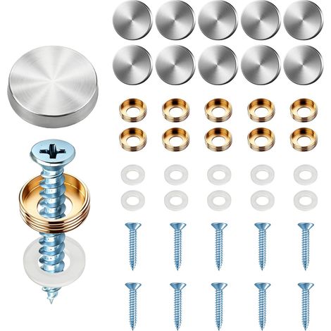 10 Ensembles de Vis pour Miroir 16mm en Acier Inoxydable avec Cache-vis Argentés - Supports Décoratifs pour Miroirs, Meubles et Bricolage (Capuchons Chromés) (1/5)