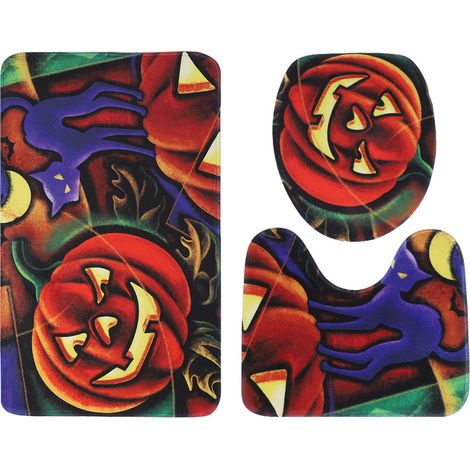 Ensemble de 3 pièces à motif citrouille de dessin animé pour salle de bain : tapis antidérapant pour colonne de douche, housse de siège de toilette et tapis de bain. (1/5)
