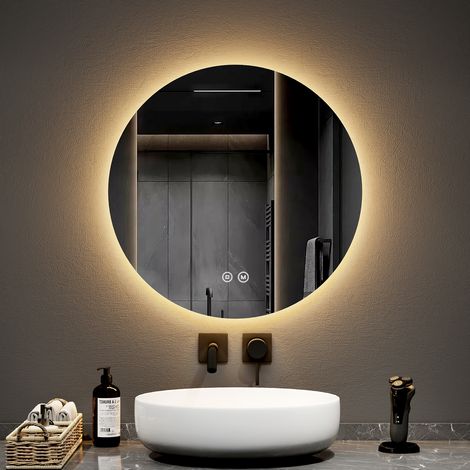 EMKE Espejo de baño LED redondo con interruptores táctiles retroiluminados sin marco - diámetro 60 cm Luz blanca fría/cálida/neutra