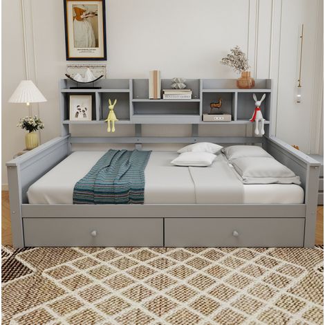 Letto singolo 90x200 grigio con 2 cassetti e mensole, rete a doghe, per bambini e ragazzi (1/5)