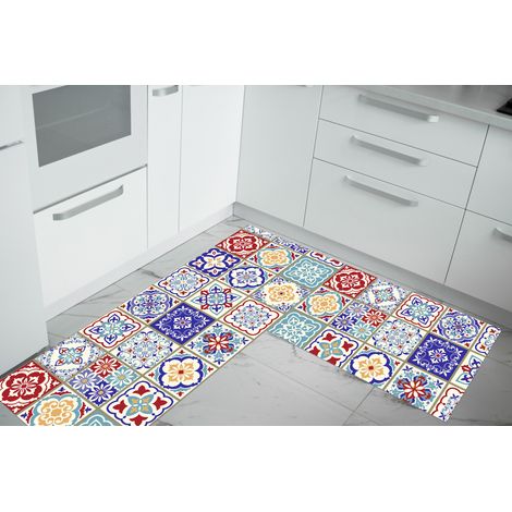 Set di 2 tappeti da cucina antiscivolo e lavabili in lavatrice passatoia multiuso Mattonella - 50x80+50x160