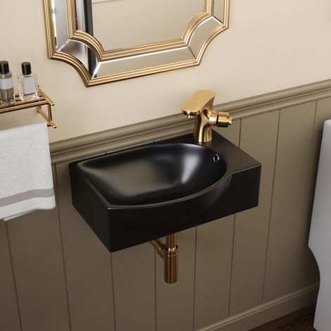 DeerValley Wandwaschbecken (305 × 240 mm) – Rechteckiges Waschbecken in matter schwarzer Keramik. Mit links positioniertem Becken und rechtsseitigem Armaturloch. Ohne Wasserhahn. Modernes & platzspare (1/5)