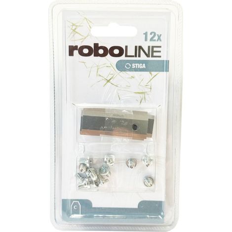Jeu de 12 lames adaptables pour robots Stiga Compatibles modèles A1500, A3000, A5000, G1200, G300, G600 Longueur 44mm, alésage 5.2mm