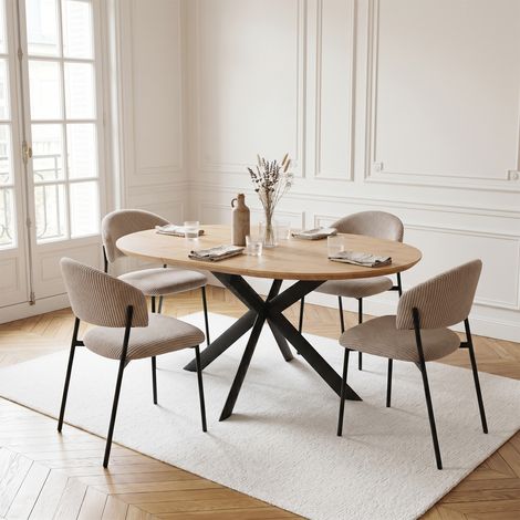 Ensemble de table à manger ronde extensible, plateau rond en MDF finition chêne (110-150 cm), style moderne et contemporain pour la salle à manger et la cuisine (4 chaises, Velours côtelé, Gris)