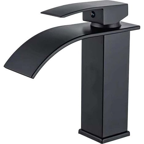 Robinet Cascade, Robinet D'évier de Salle de Bain en Acier Inoxydable Noir, Finition Polie, Économiseur d'Eau, Montage sur Pont, 1 Trou, 1 Levier, Cascade, 26 x 21 x 7,3 cm (1/4)