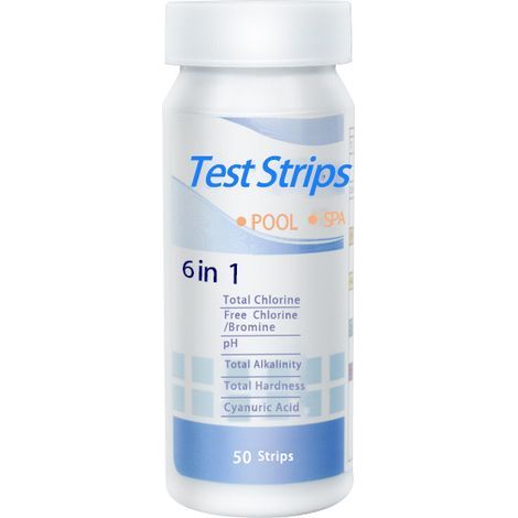 6-in-1-Pool-Brom-Spa-Teststreifen, pH-Pool-Teststreifen zur Wasserqualitätsmessung (Chlor, Brom, Alkalinität, Cyanursäure, Wasserhärte) - Universaltester (100 Stück) (1/5)