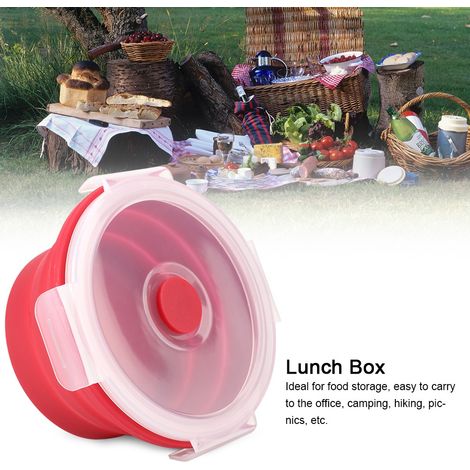 Boîte à bento ronde en silicone de 350 ml, pliable, pour déjeuner, compatible micro-ondes (rouge)