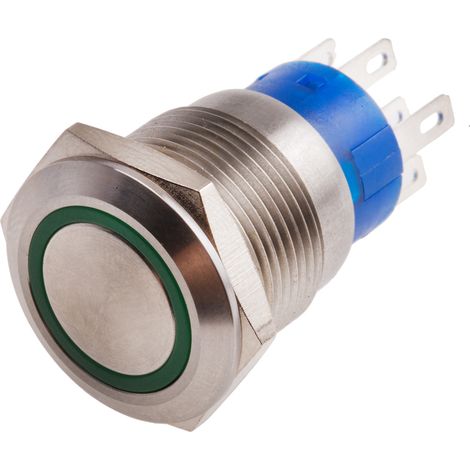 Bouton-poussoir, Momentané lumineux, LED Vert, 5 A, Argent, Montage panneau 12V ( Prix pour 1 ) (1/2)