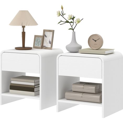 Lot de 2 tables de chevet, table d'appoint moderne avec compartiment ouvert et tiroir, 40 x 35 x 45 cm, blanc (1/5)