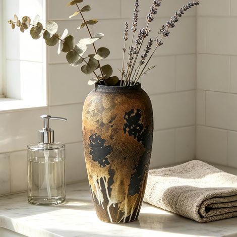 Vase en céramique rustique noir - Vase vintage - 34 cm - En céramique - Terre cuite - Haut sol - Ferme rustique - Pour minimalisme - Décoration d'intérieur - Pièce centrale - Salon - Chambre à (1/5)