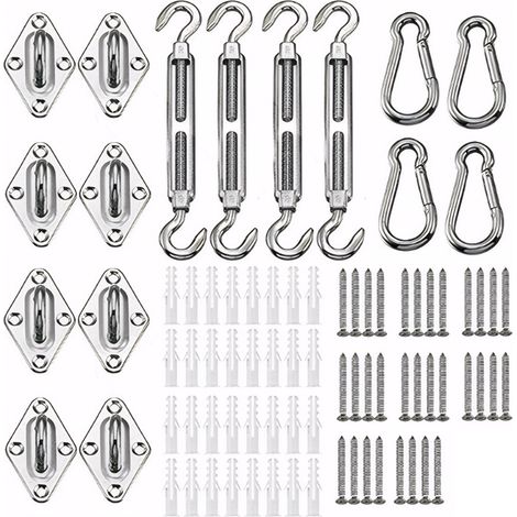Kit de montage de 80 pièces en acier inoxydable 304 pour voile d'ombrage, comprenant un tendeur et des fixations pour parasols carrés et triangulaires (6 mm). (1/5)