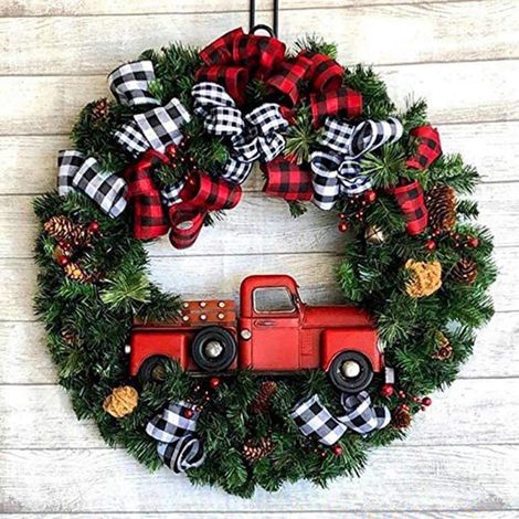 Rondelle De Porte - Camion Rouge De Noël - Décor Hivernal Avec Pommes De Pin Et Baies - 30 Cm - Pour Porte D'Entrée Intérieure Ou Extérieure - 1 Pièce (1/5)