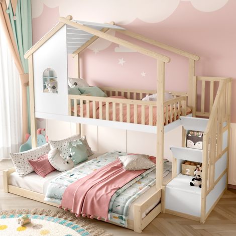Etagenbett 90x200 cm + 140x200 cm Mit Naturkiefer- Und Weißem Gestell (1/5)